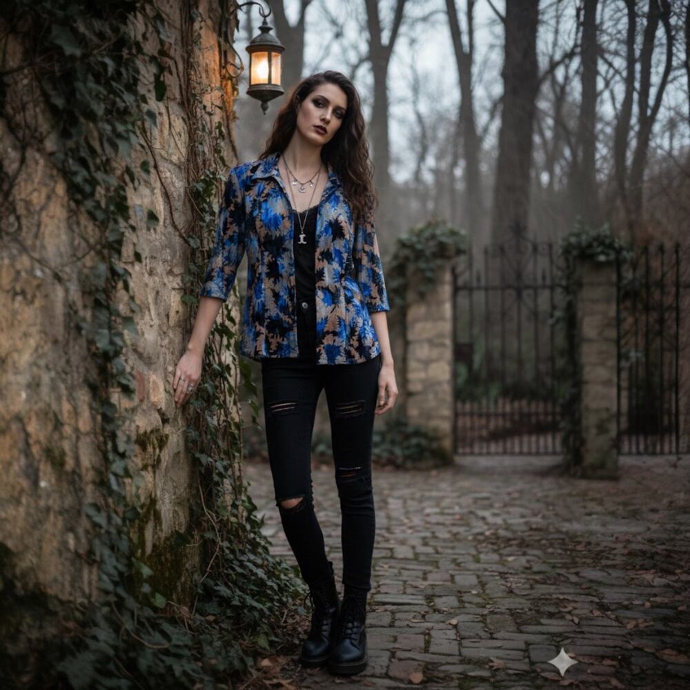 VTG 90s Velvet Burnout Blouse Small Blue Floral Sheer Boho Whimsigoth Glam Top - Picture 2 of 15